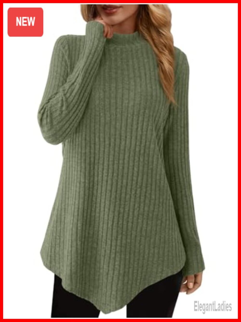 Mock Turtleneck Tunic Sweater Ribbed Knit Long Sleeve Top